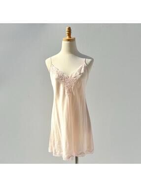 Vintage Victoria's Secret Baby Pink Lace Silk Slip Dress S / M, Open Mesh Back